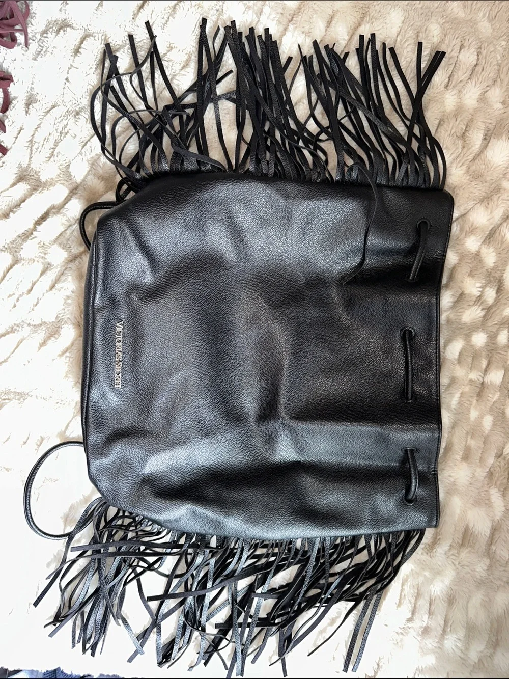 Victoria's Secret Black Leather Fringe Hobo Bucket Bag